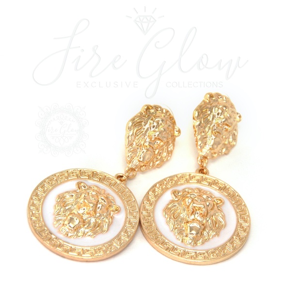 White and Gold Tone Framed Lion Earrings - Picture 8 of 8